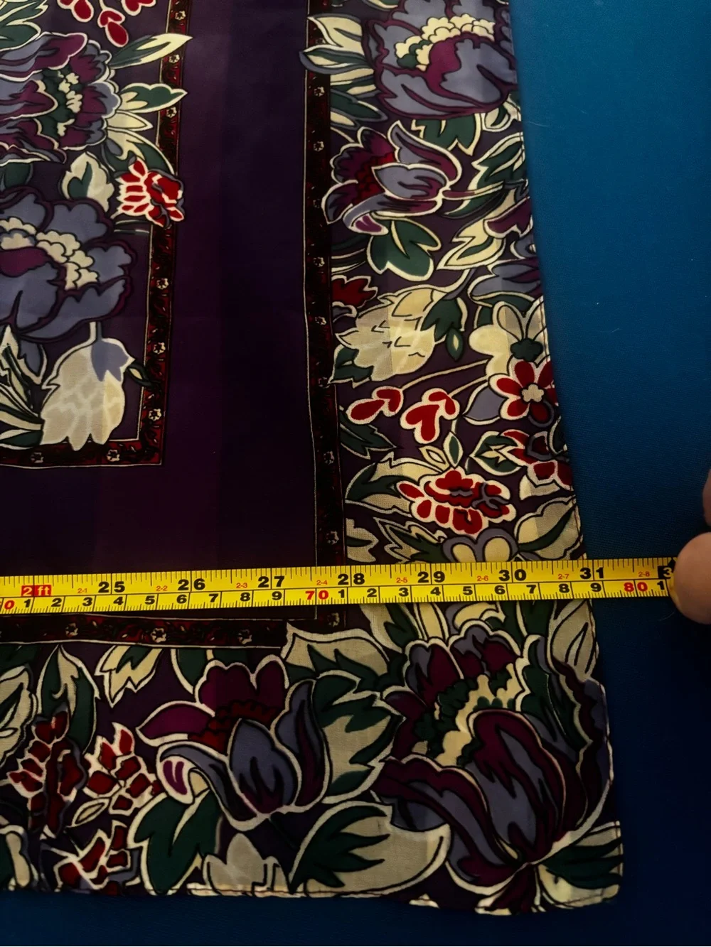 Vintage Floral Print Silk Scarf Blue Purple Pink Multi-Color